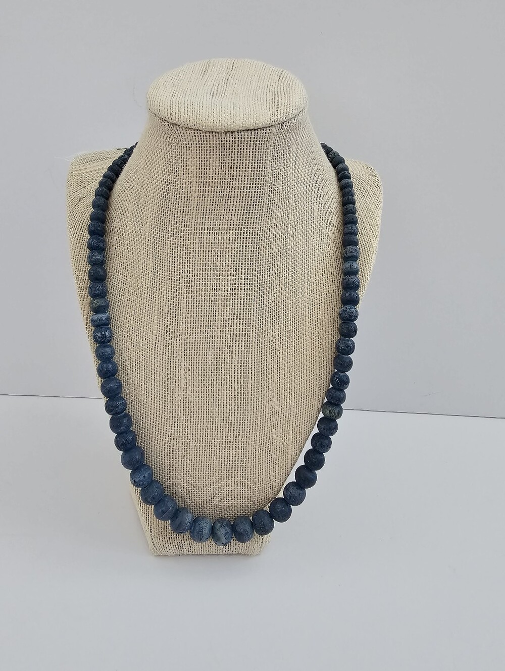 Vintage Indigo Blue Lava Stone Bead Necklace Graduated Porous Rock Long 24 Inch